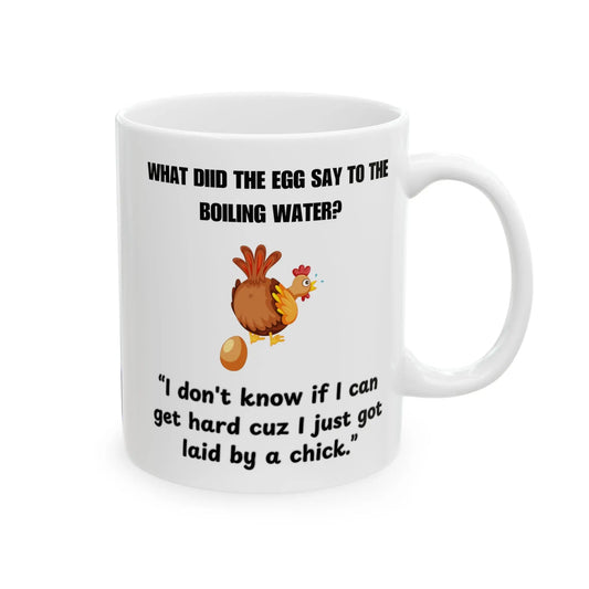 Funny Ceramic Mug, 18+, Laying Eggs Printify