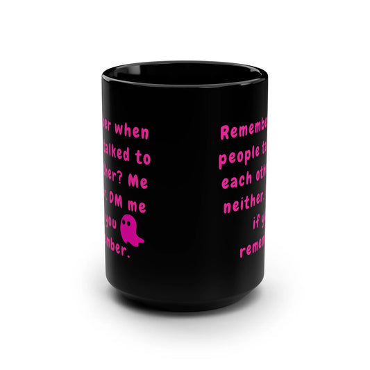 Funny Nostalgic Black Ceramic Mug , 15oz with Playful Ghost Design Printify