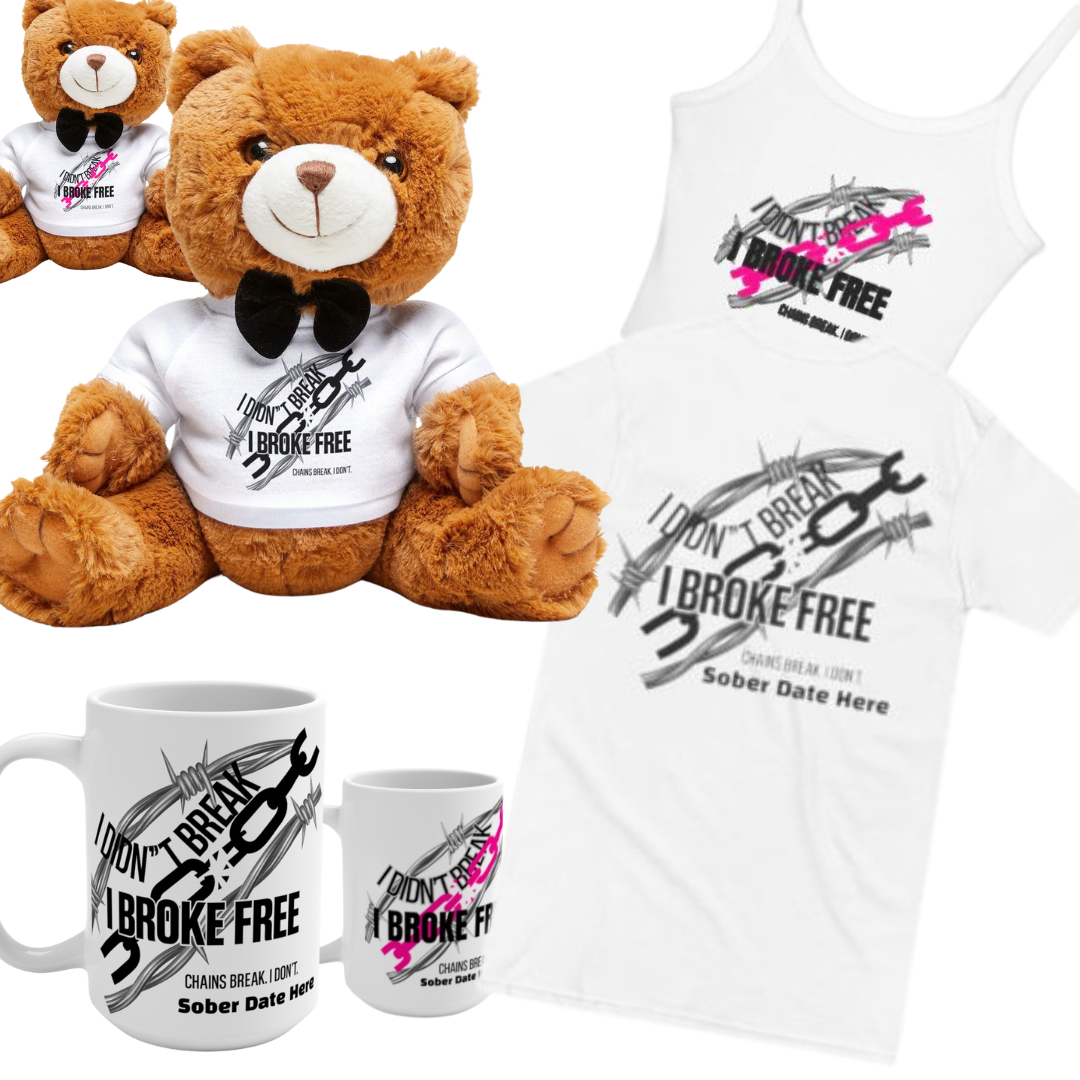 “I Broke Free” Black Chain Recovery Gift Bundle – Custom Teddy, Men’s Tee, Vinyl Sticker, Mug - Custom Sober Date (Limited Edition)