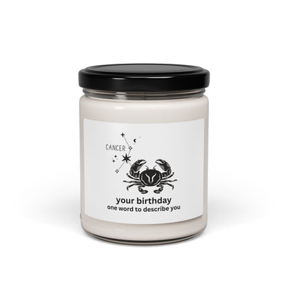 Customized Astrology Scented Soy Candle, Cancer Birthday