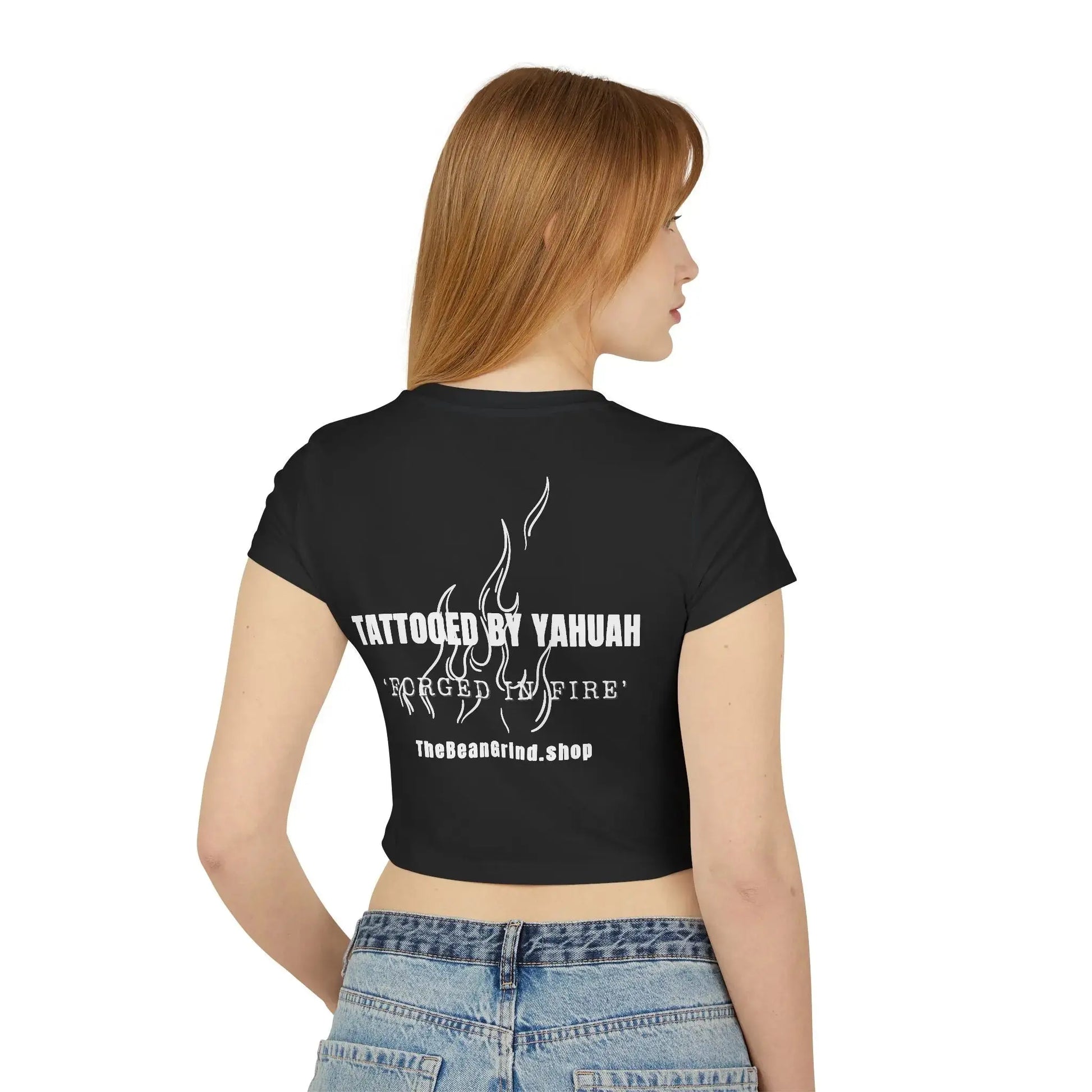 Inspirational Womens Crop Top, "Tattooed by Yahuah; Forged in Fire" Printify