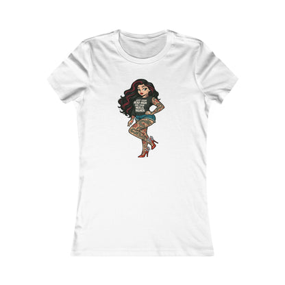 White t-shirt with a graphic of a tattooed woman on a white background the bean grind