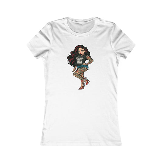 White t-shirt with a graphic of a tattooed woman on a white background the bean grind