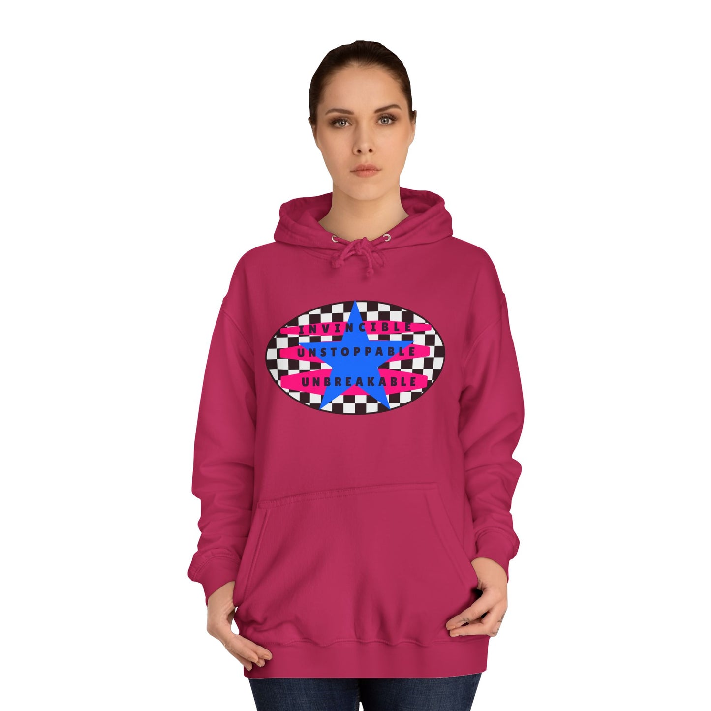 Unisex Hoodie, Retro Rebel Streetwear - Invincible Unstoppable Unbreakable 7 Colors