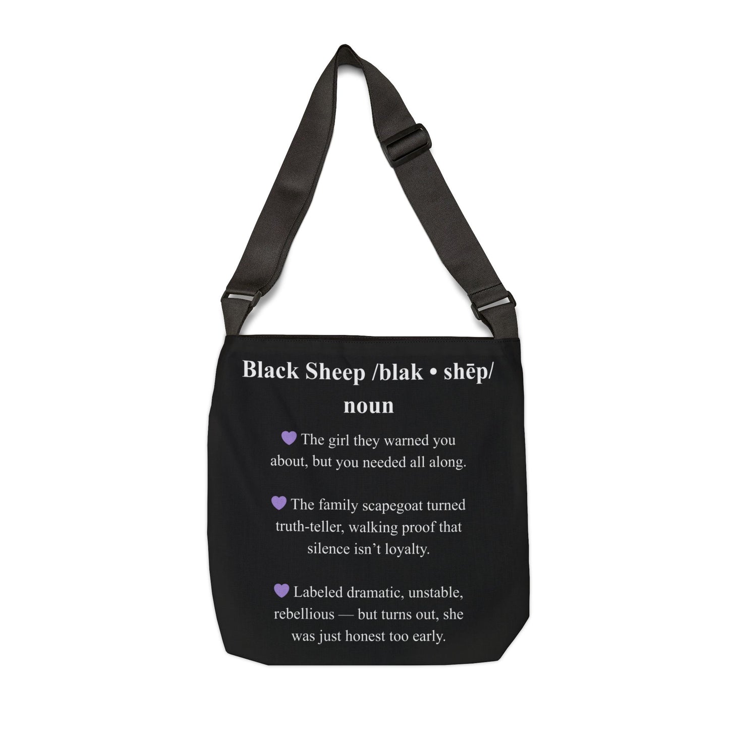 Black tote bag with text on a white background