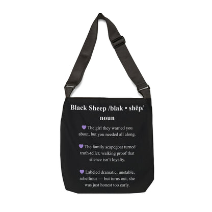Black tote bag with text on a white background