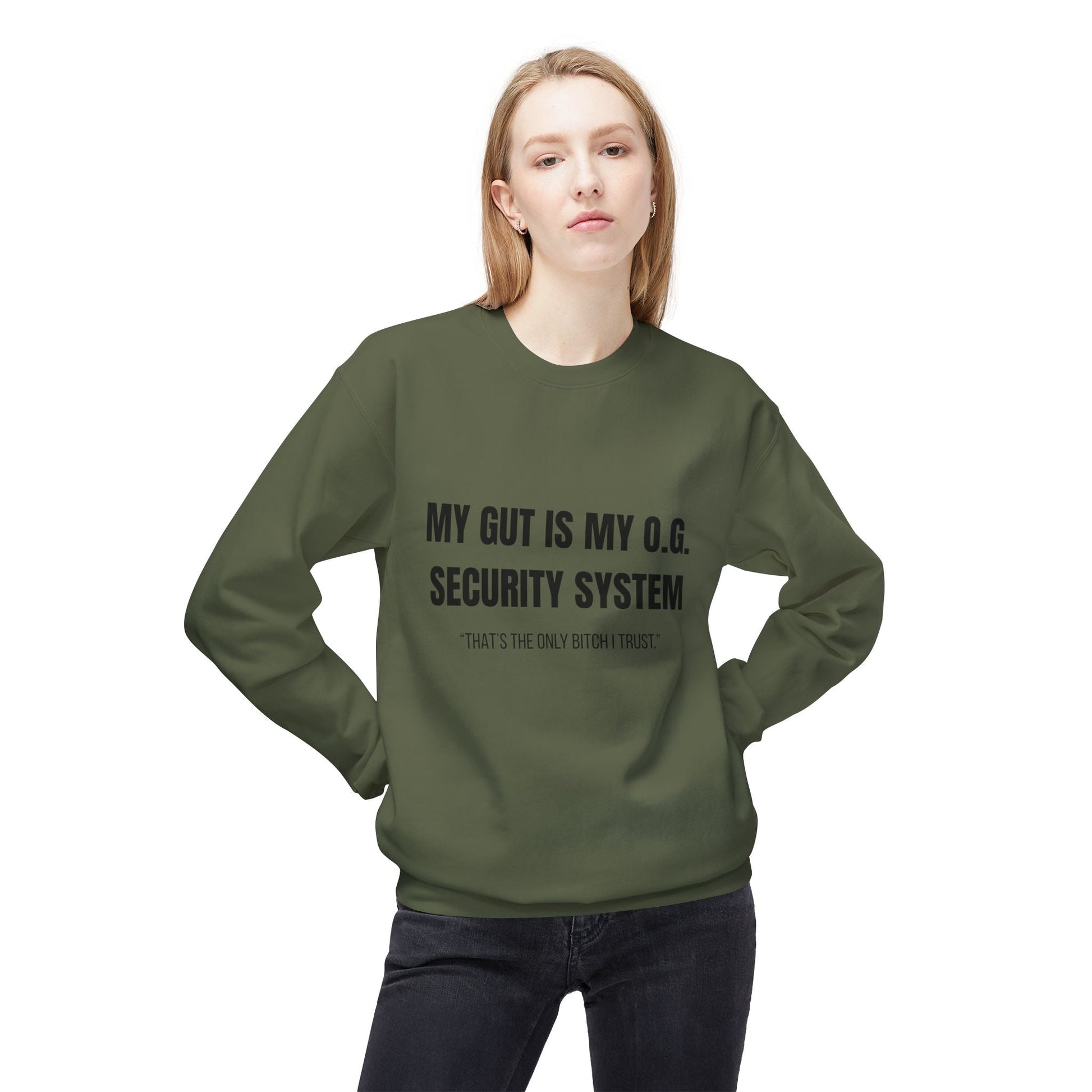 Unisex Fleece Crewneck Sweatshirt, My Gut Is My OG Security System Printify