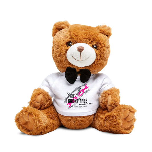 “I Broke Free” Hot Pink Chain Recovery Gift Bundle – Custom Teddy, Mug, Women’s Tank & Vinyl Sticker, Custom Sober Date