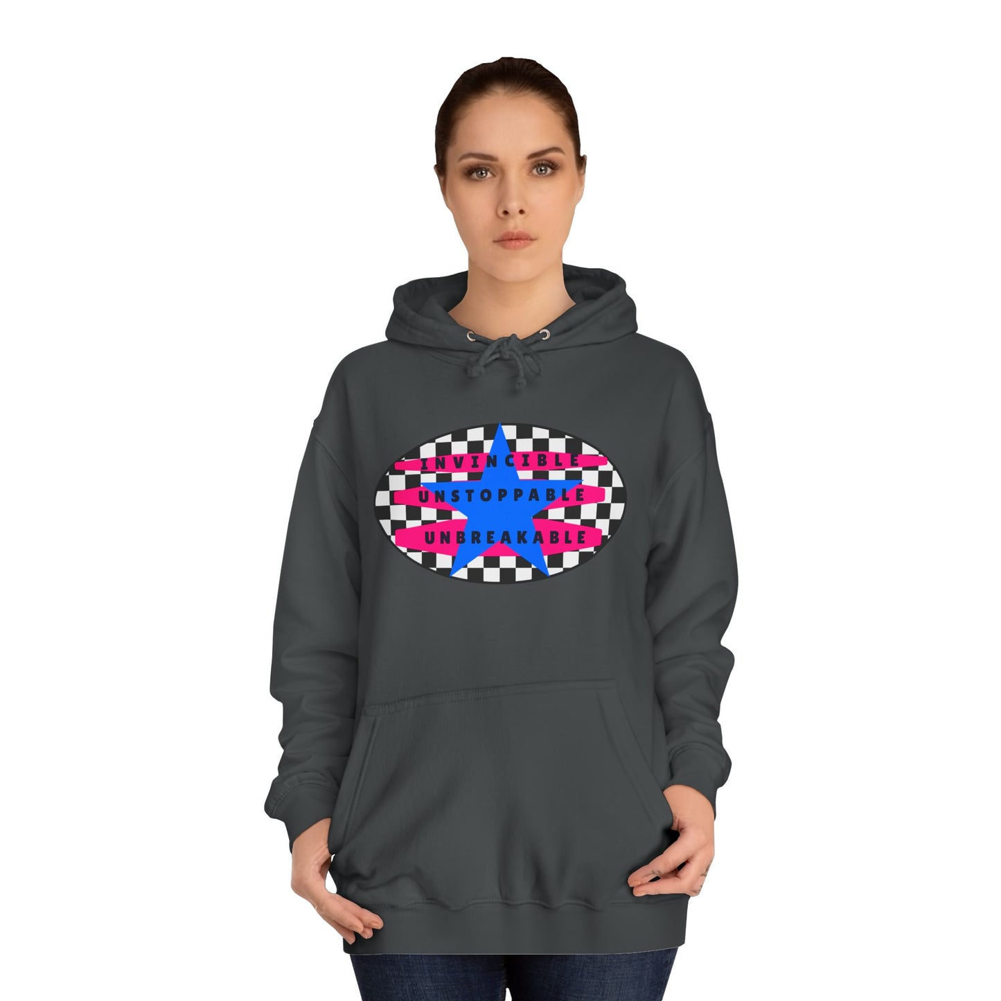 Unisex Hoodie, Retro Rebel Streetwear - Invincible Unstoppable Unbreakable 7 Colors