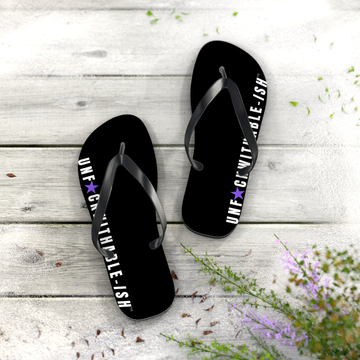 UNF★CKWITHABLE-ISH™ Flip Flops Black, White/Purple Star