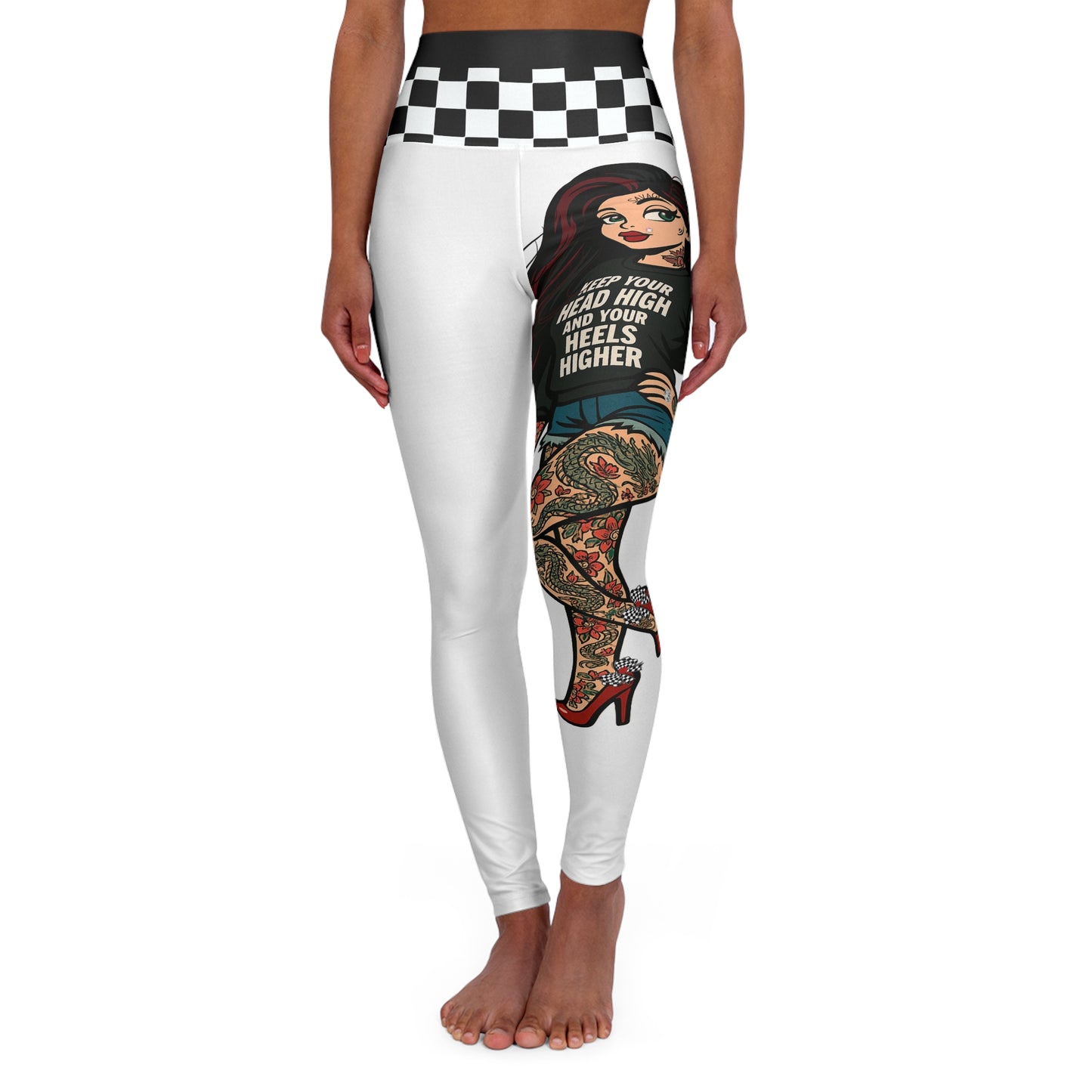 Rebel Tattoo Babe High-Waisted Leggings, Keep Your Head High, Heels Higher