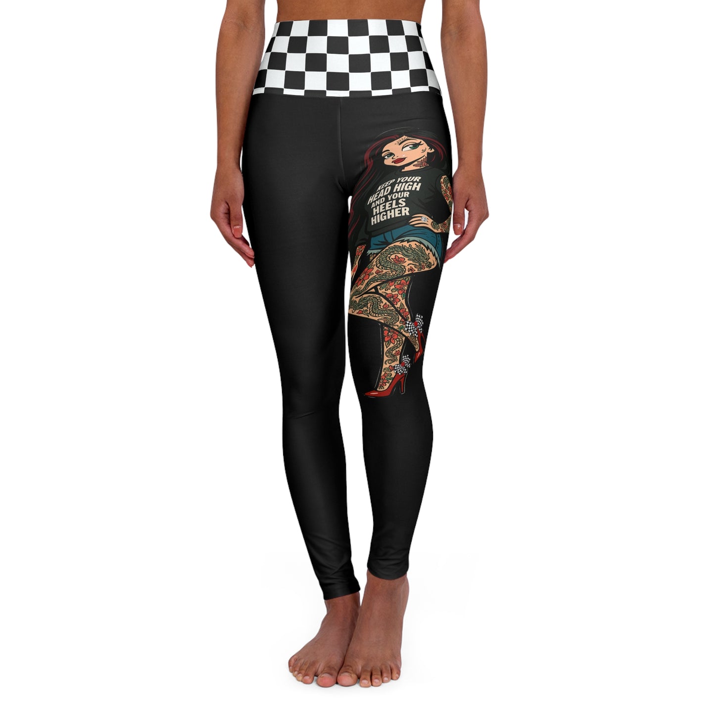 Rebel Tattoo Babe High-Waisted Leggings, Keep Your Head High, Heels Higher