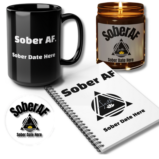 The Recovery Grind Bundle – Custom SoberAF Mug, Candle, Notebook, Sticker