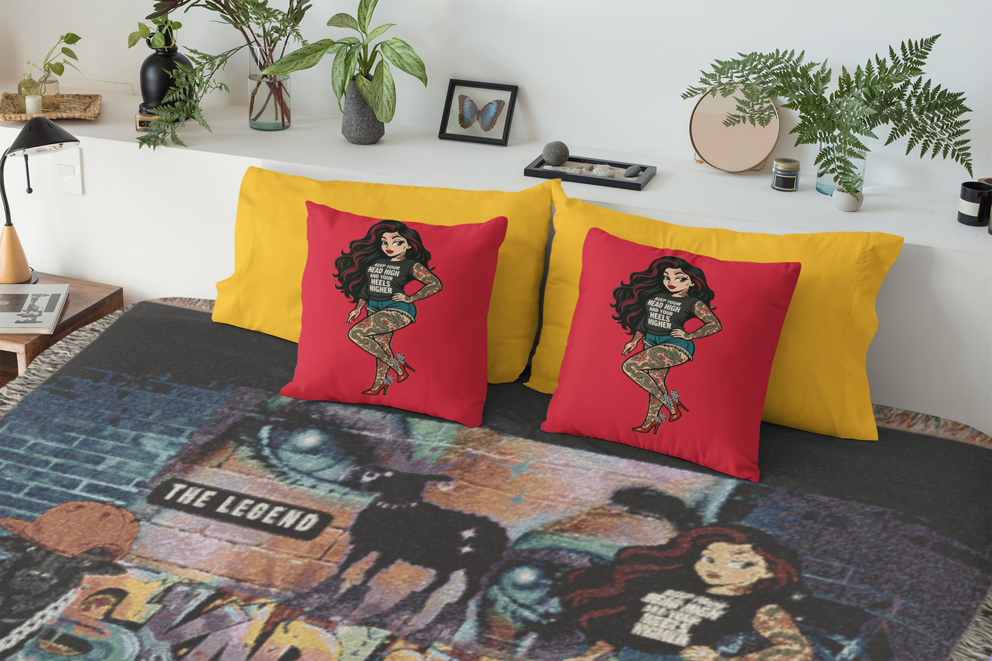 Vibrant Throw Pillow, Skarlitt the Tattooed Pin-Up