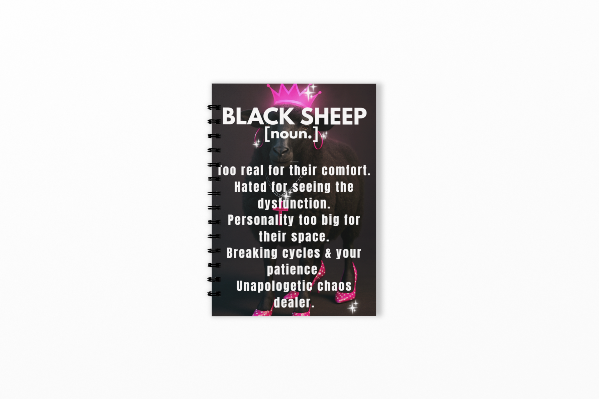 Black notebook with text on a white background